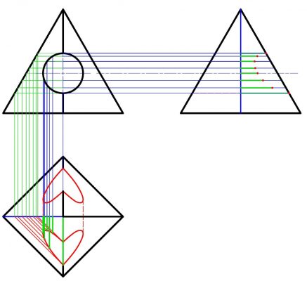 Нахождение точек пересечения отверстия и пирамиды на профильной проекции