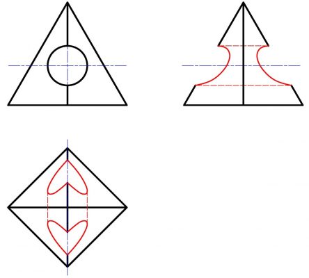 Отображение трех проекций геометрического тела с отверстием