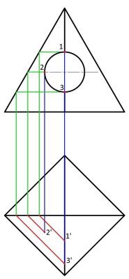 Перенос основных точек окружности с фронтальной проекции на горизонтальную
